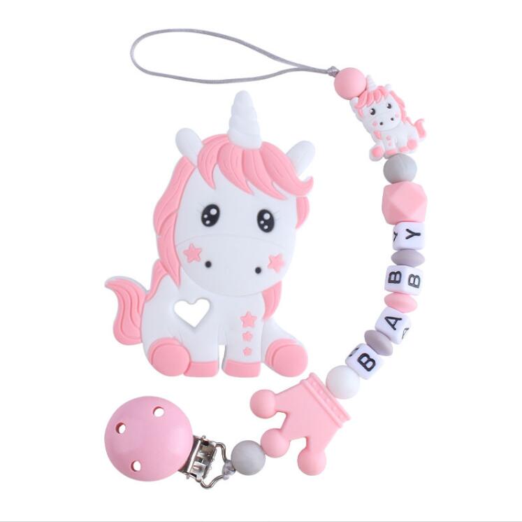 

INS baby Safty Food Silicon Pacifier Holder Clips Unicorn Shape And Beads Ball Design Anti-Dropping Teething Training Infant