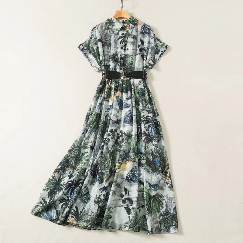 

2022 Spring Summer Short Sleeve Lapel Neck Forest Animals Belted Buttons Mid-Calf Dress Elegant Casual Dresses LM26T108522A071629, Multi