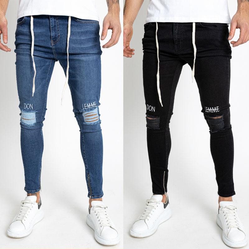 

Men' Jeans Black Ripped Mens Fashion Letter Embroidery Stretch Skinny Distressed Hombre Slim Ankle Zipper Denim Pencil PantsMen