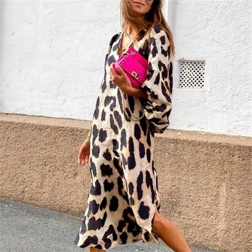 

Autumn Sexy Leopard Print V Neck Long Dresses Casual Fashion Women Lantern sleeves Loose Elegant Party 220614, Blue