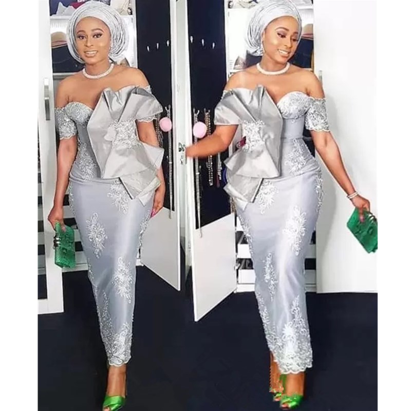 

2022 New Aso Ebi Style Off The Shoulder Prom Dress Short Sleeve Silver Mermaid Tea Length Formal Occasion Nigern Prom Dresses Custom, Green