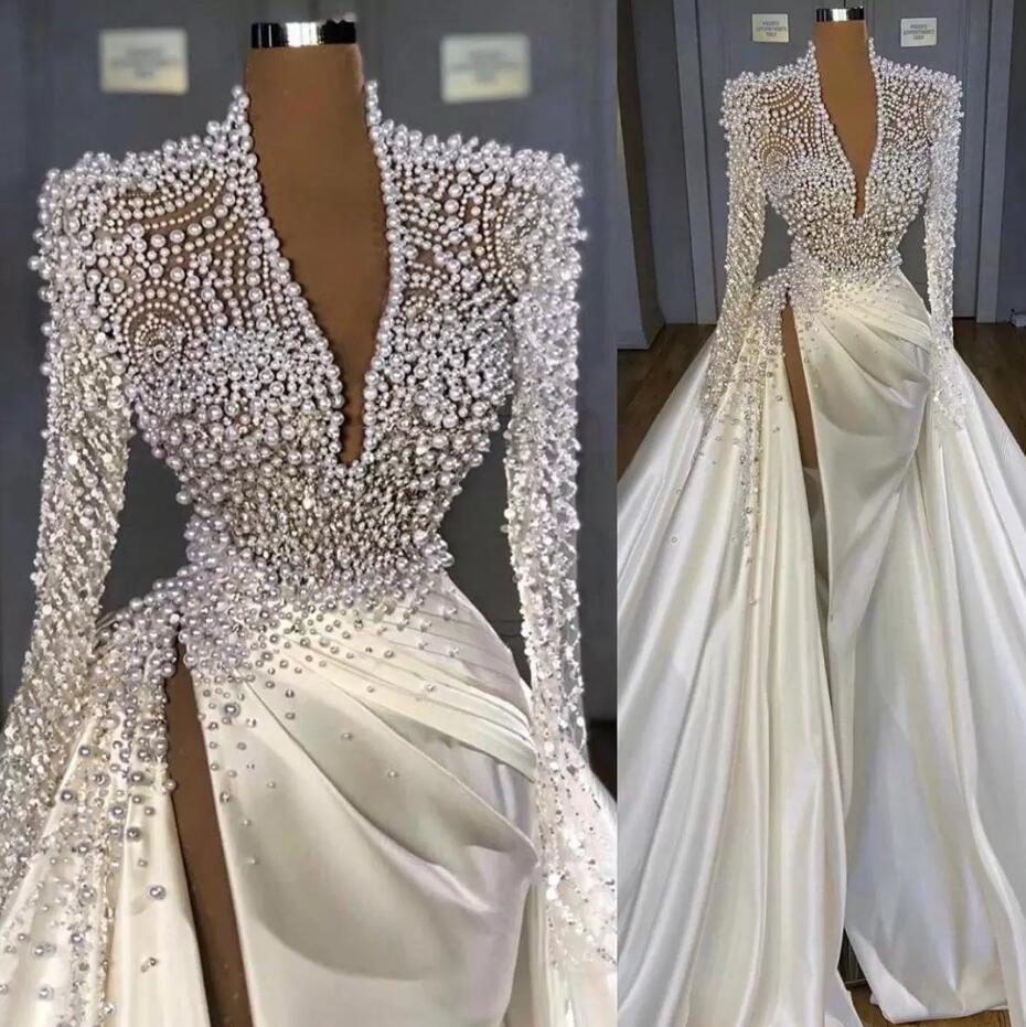 

Luxury Pearls Beaded Mermaid Wedding Dresses with Overskirt High Split Deep V Neck Long Sleeves Satin Ruched Pleats Custom Made Wedding Gown BES121, White