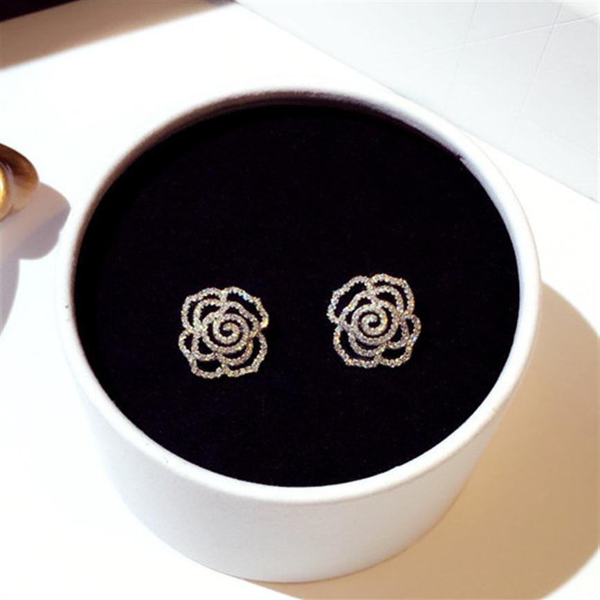 

Whole- new ins fashion luxury designer diamonds zircon elegant camellia rose flower stud earrings for woman girls gold sil161w