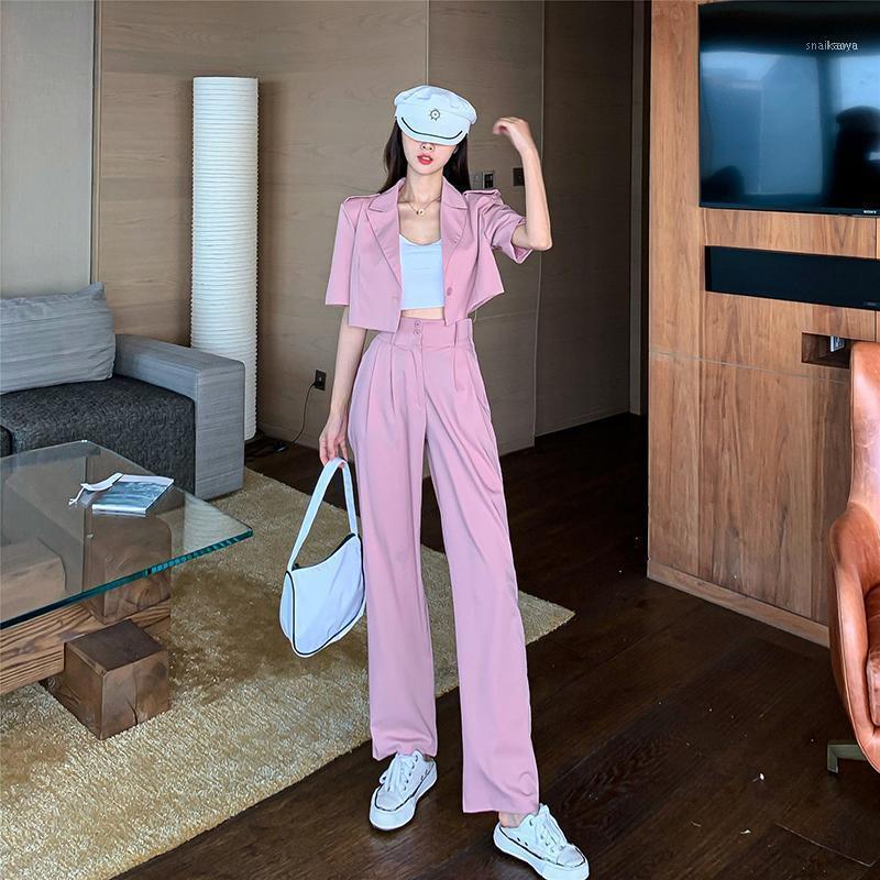 

JuneLove Women Spring Casual Two Pieces Vintage Office Lady Single Breasted Blazers &Pants Street Short Pants Suits Women, Pink suits