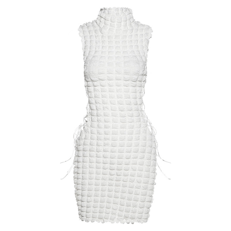 

Fashion Turtleneck Sleeveless Hollow Out Sexy Dress For Women Summer Bandage Bodycon Streetwear Y2K Club Outfits 220613, White
