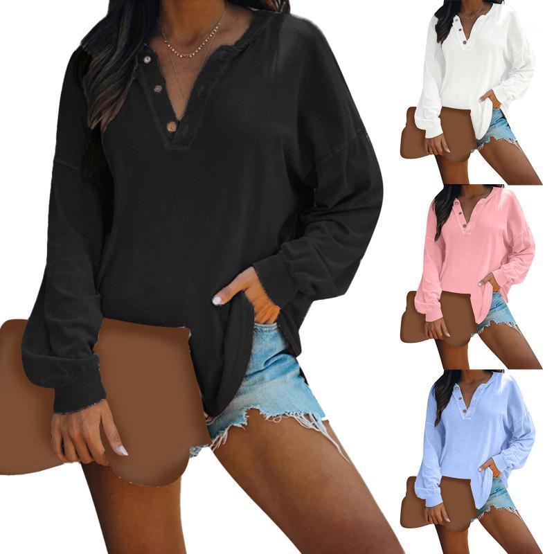 

Women' Blouses & Shirts Fashion Solid Buttons Blouse Autumn Winter Loose V-Neck Tops Female Women Long Sleeve Shirt Blusas Femininas Clothi, Blue