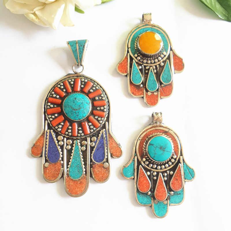 

Pendant Necklaces Tibetan Buddha Hand Amulet Pendants Nepal Vintage Jewelry Copper Inlaid Colorful StonePendant