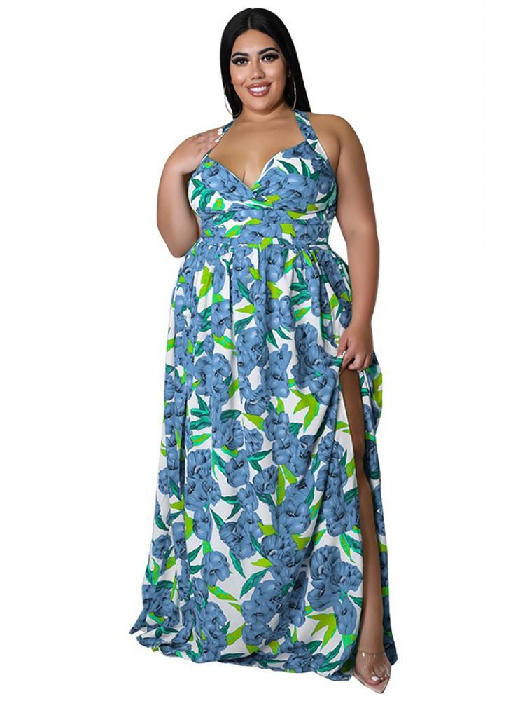 

Plus Size Dresses Summer Long Tank Dress Women 5XL Halter Bandage Backless Split Robes Fashion Floral Print Beach Holiday Maxi DressPlus, Blue