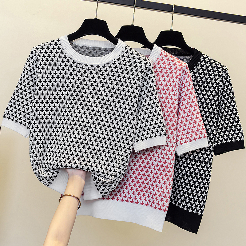 

summer sweater plaid black oversize Sweater Pullovers Women thin O-neck chic 2022 sweater short sleeve size 4XL