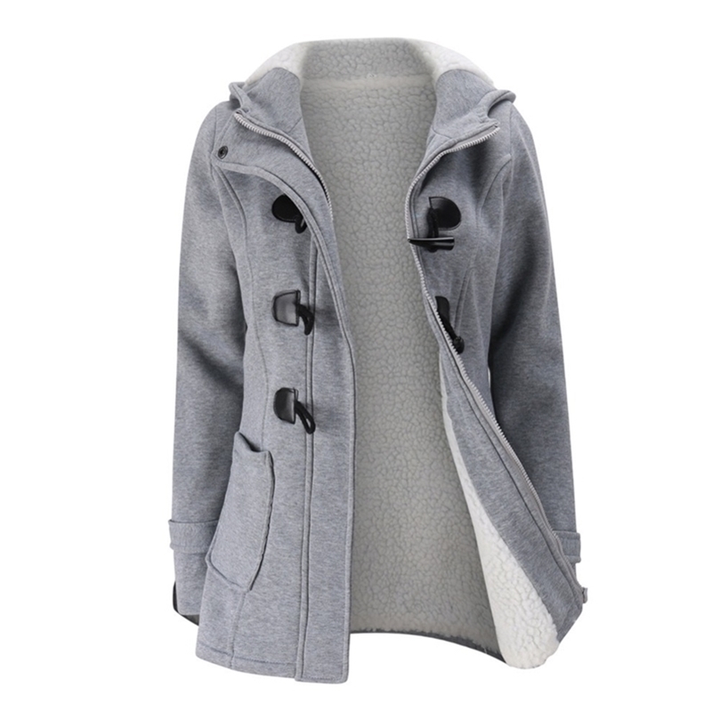 

Jacket Coat Winter Women Hooded Wool Blend Praka Classic Horn Leather Buckle Coat Slim For Ladies Winter Jacket Woman Parka 201127, Dark grey