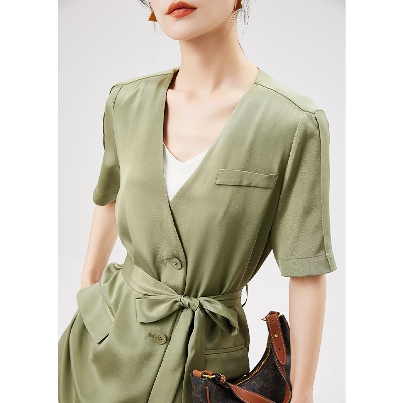 

Women's Suits & Blazers Designer Fashion 2022 Summer SATIN Natural SILK Spandex Women Office Lady Sashes Short Sleeve Single BreastedWomen's, Green