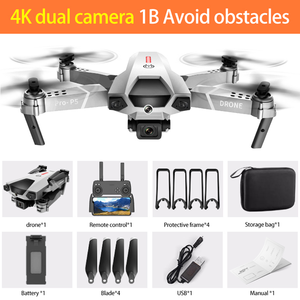 

P5 Drone 4K Aircraft Dual Camera Professional Aerial Photography Infrared Obstacle Avoidance Quadcopter RC Helicopter Toys 1pc, Black