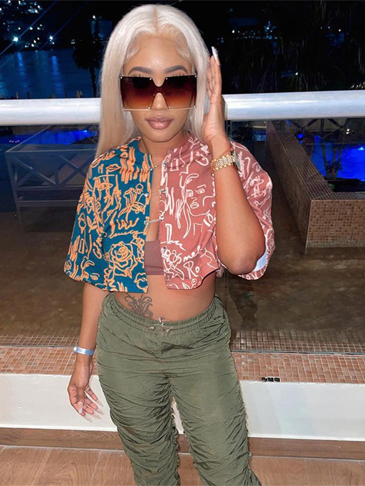 

Women' Knits & Tees Women Patchwork Crop Tops 2022 Y2K Streetwear Panelled Cardigan Beading Half Sleeve Aesthetic Print Loose Hipster T-shi, Green