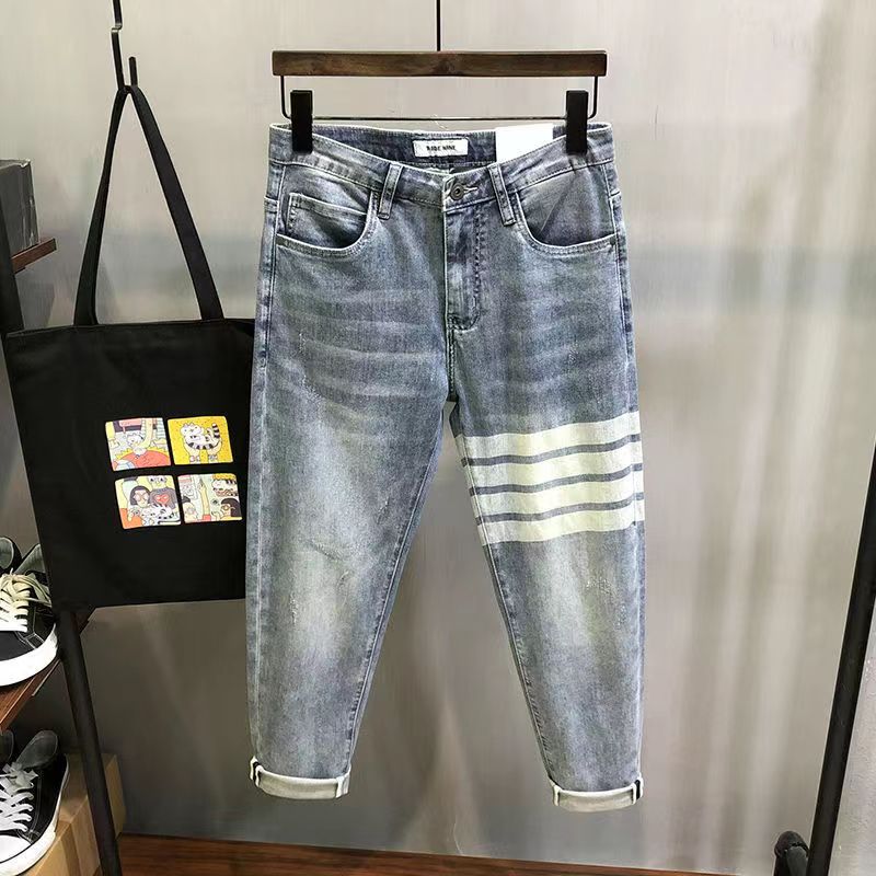 

Trendy Tb Thom Pants New Men's White Stripe Four Bar Fashion Hole Slim Fit Capri Jeans, Tight tb