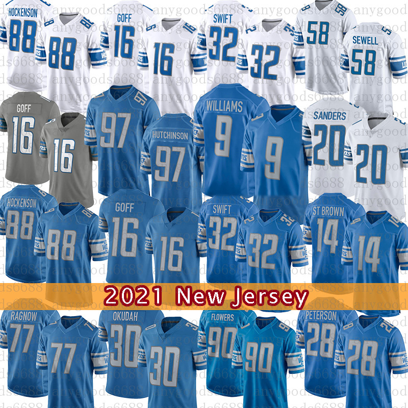 

32 D'Andre Swift Amon-Ra St. Brown Football Jersey 97 Aidan Hutchinson Jameson Williams T.J. Hockenson Jared Goff Penei Sewell Frank Ragnow Barry Sanders D.J. Chark Jack Fox, Women(size:s-xxl)xs