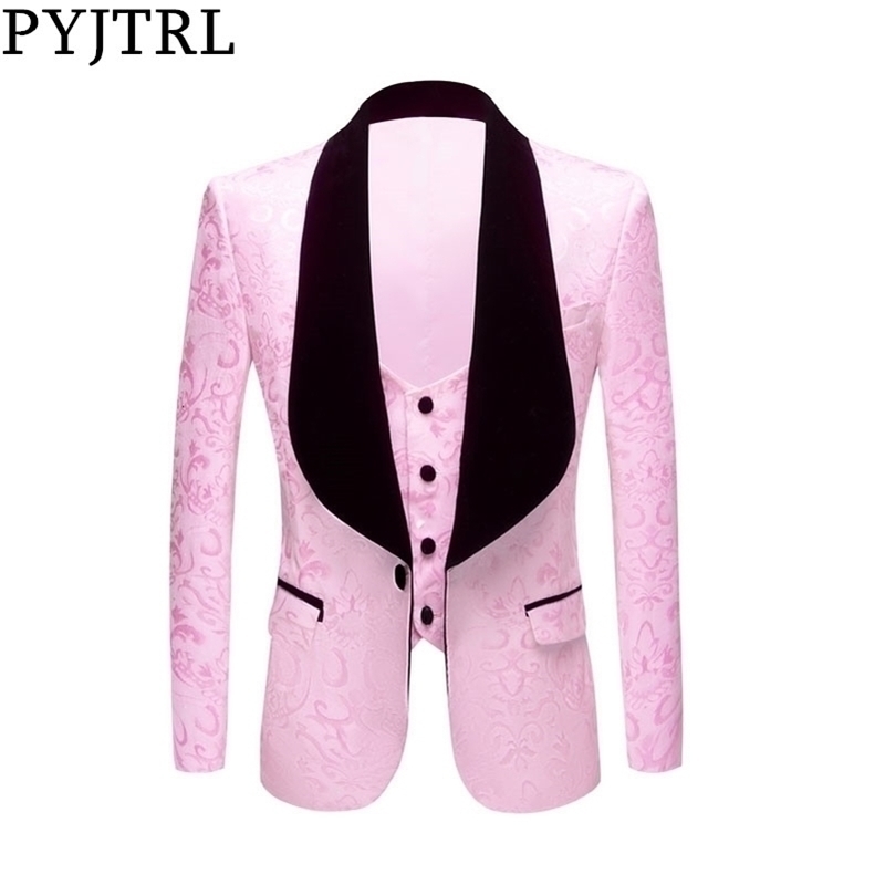 

PYJTRL Men 2Piece Set Classic Shawl Lapel Wedding Groom Jacquard Tuxedo Pink Yellow Black Red Pure White Slim Fit Jacket & Vest 201104