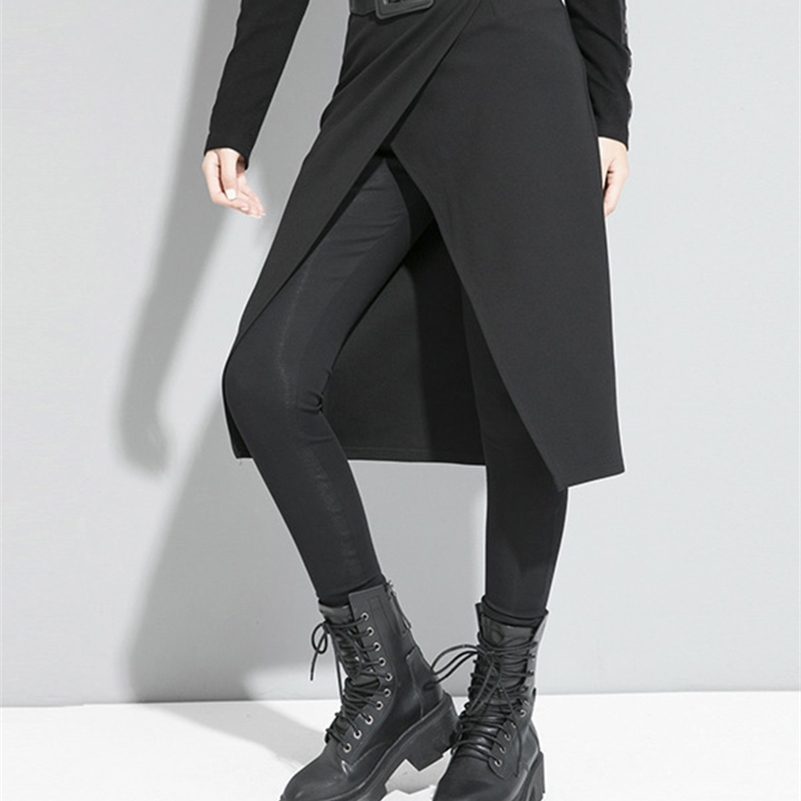 

[EAM] High Elastic Waist Black Stitch Long False Two Trousers Loose Fit Pants Women Fashion Spring Autumn 1S191 220328