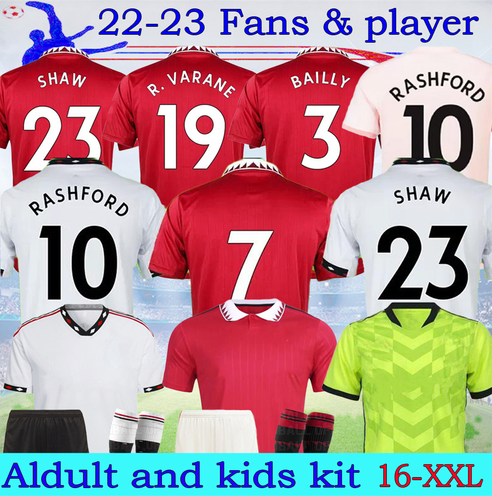 

2021 2022 2023 Mans soccer jerseys POGBA RASHFORD VAN DE BEEK 21 22 23 Player UTD CAVANI Sancho MARTIAL B. FERNANDES 18 19 pink football uniform adult kids kit, 22-23 home player