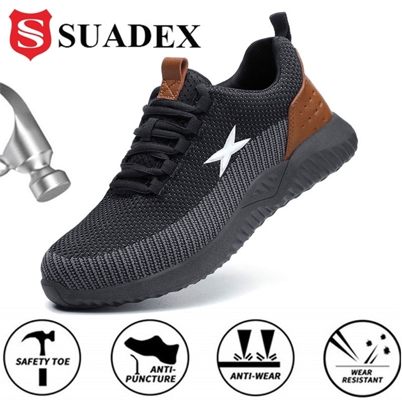 

SUADEX Safety Work Shoes Men with Steel Toe Cap Construction Boots Breathable Sneakers Footwear 220810, Brown