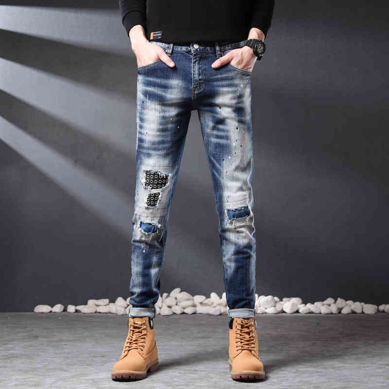

Autumn and winter street fashion brand hole patch jeans men's slim straight elastic white speckled casual pants, Blue t37-d-41