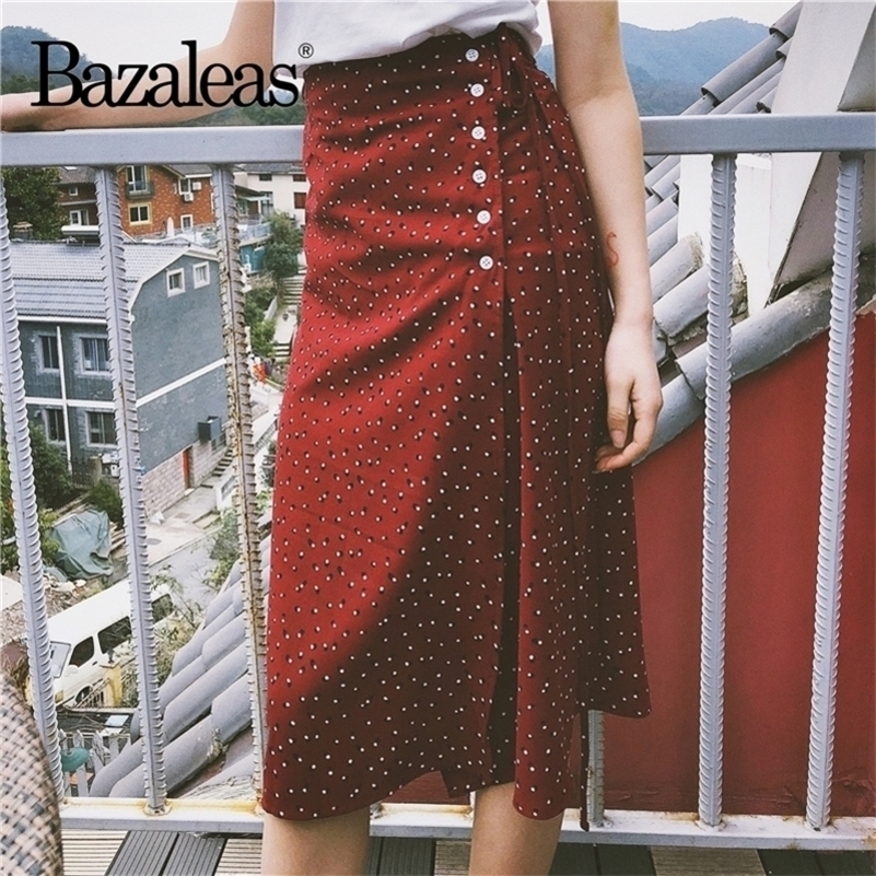 

Bazaleas Wine red Dot Print Women Skirt France brand fashion women knee length Skirt Button chiffon Slim 3 colors Skirt Y200326, D14 blue 7127