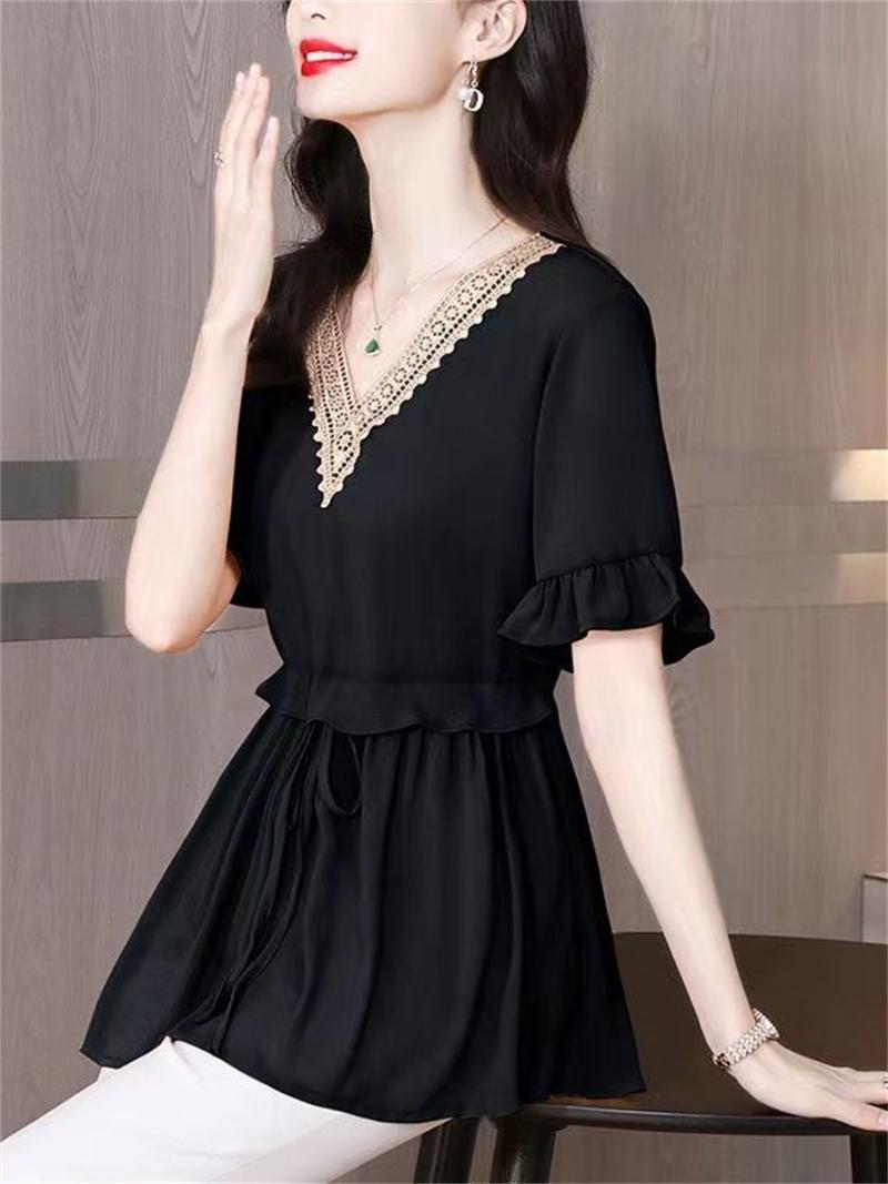 

Women's Blouses & Shirts Women Spring Summer Lady Fashion Casual Short Sleeve V-Neck Collar Sexy Lace Embroidery Blusas Tops2380Women's, Black