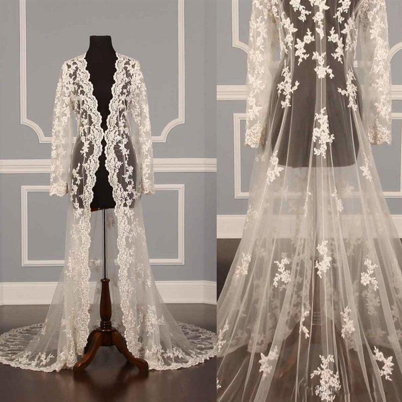 

2019 New Design Lace Bridal Jackets Coat for Wedding Dress Long Sleeve See Through Lace Floor Length Bride Capes Wraps Custom Size326V, Yellow