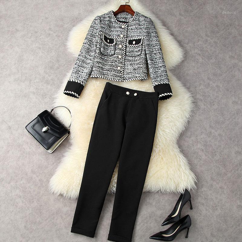 

Women' Two Piece Pants Ladies Business Set 2 PCS 2022 Autumn Winter Tweed Short Single-Breasted Jacket High-Waist Harem Commuter Suit, Gray and black