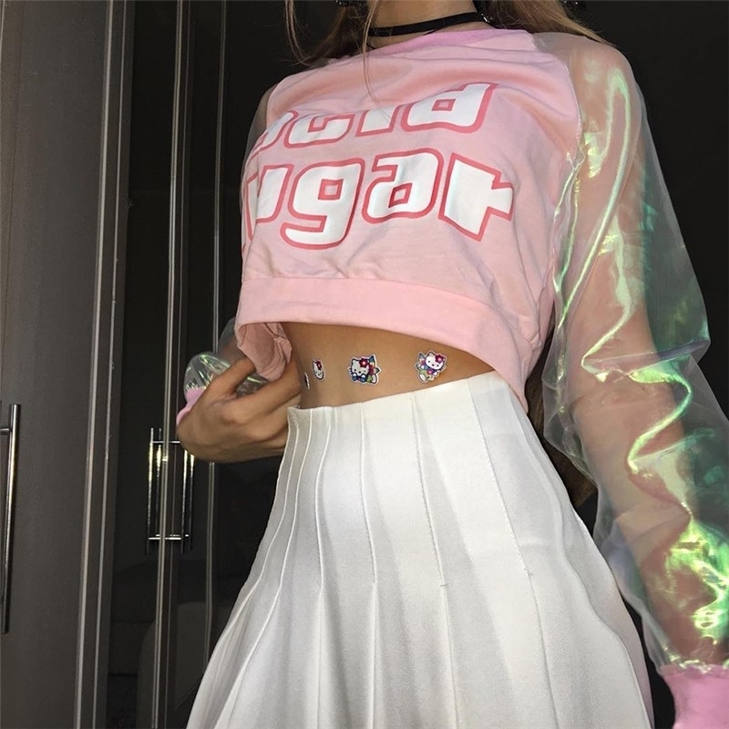 

autumn ACID SUGAR female cute short laser transparent Harajuku letter cropped shirt ing long sleeve fun Tshirt Y200109, Random color