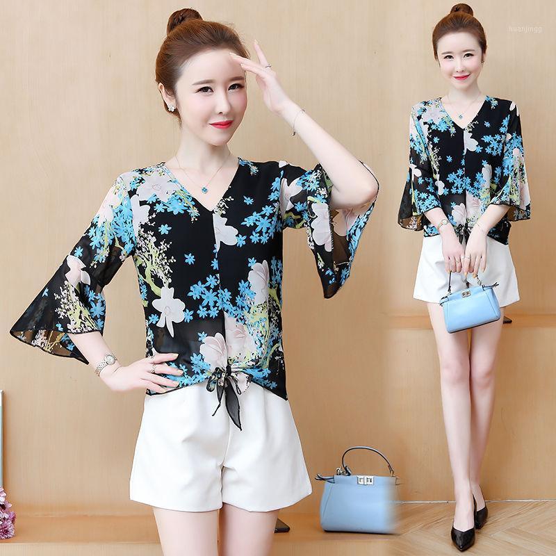 

Women's Blouses & Shirts Fashion Women Spring Summer Chiffon Lady Print Temperament V-Neck Lotus Sleeve Casual Blusas Tops MM0404, Blue