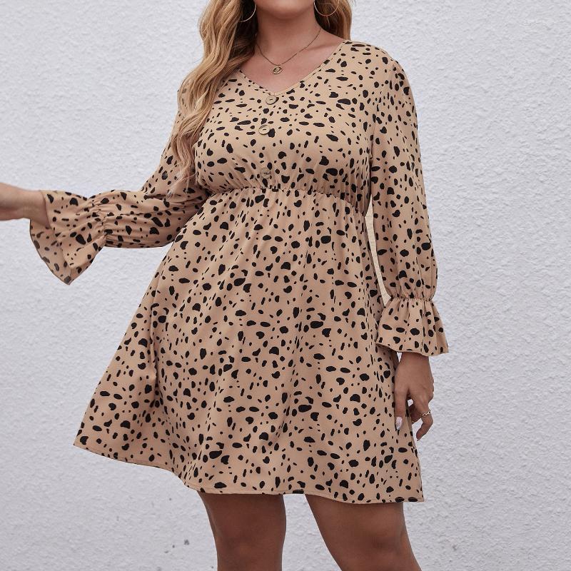 

Plus Size Dresses 4XL Dot Print Women Dress Casual V Neck Flare Sleeve High Waist Loose Mini Vestidos Autumn Party A-line Female Jasp22, Khaki