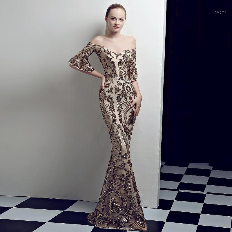 Robes de soirée longue sirène hors de l'épaule Appliques robe de soirée formelle pour les femmes de mariage paillettes d'or paillettes dos nu rob