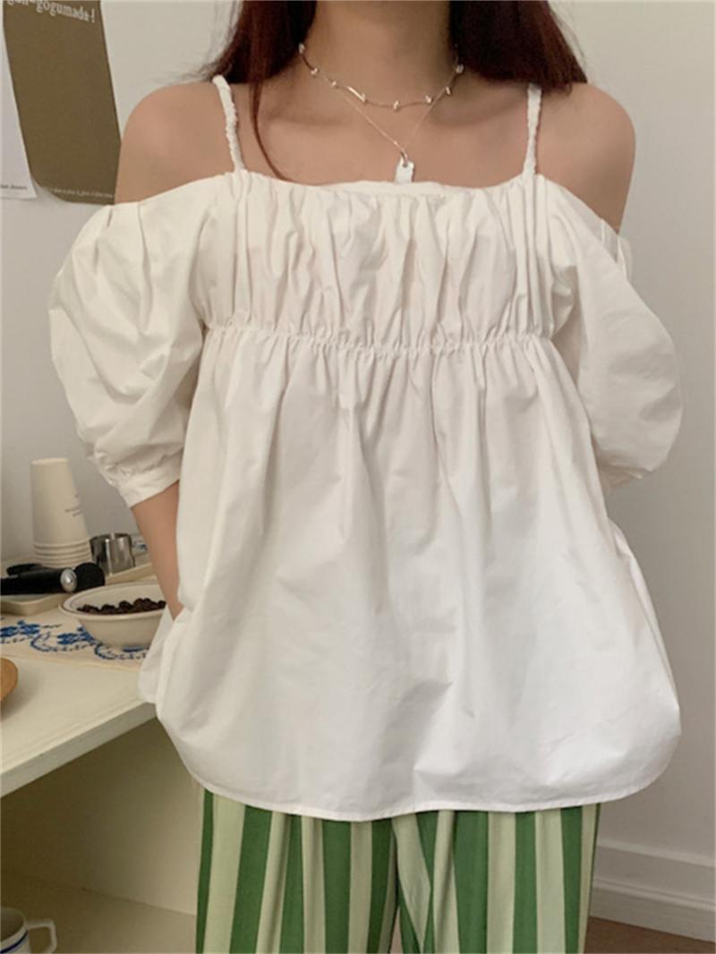 

Women's Blouses & Shirts HziriP Puff Sleeve Off Shoulders Summer 2022 Women Solid Sweet Sexy Loose Chic Casual All Match Office Lady BlusasW, Pink