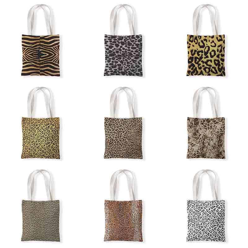 

Storage Bags Canvas Leopard Print Shoulder Shopping Women Shopper Daily Handbag Female Reusable Foldable Totes
