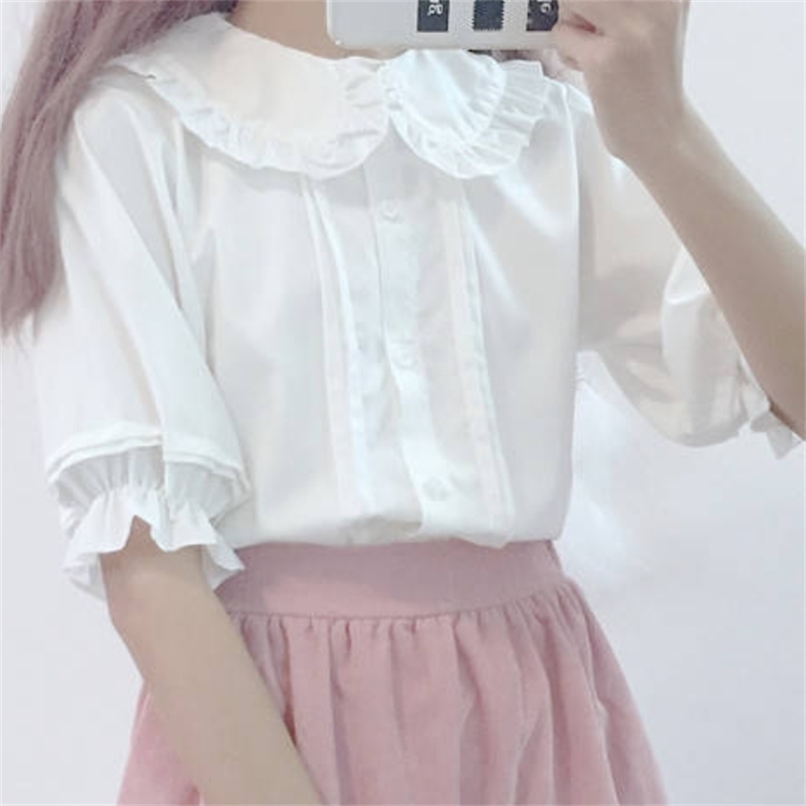 

HOUZHOU White Shirt Kawaii Peter Pan Collar Preppy Style Blouses Woman Sweet Ruffle Short Sleeve Tops Fashion Clothes 220419