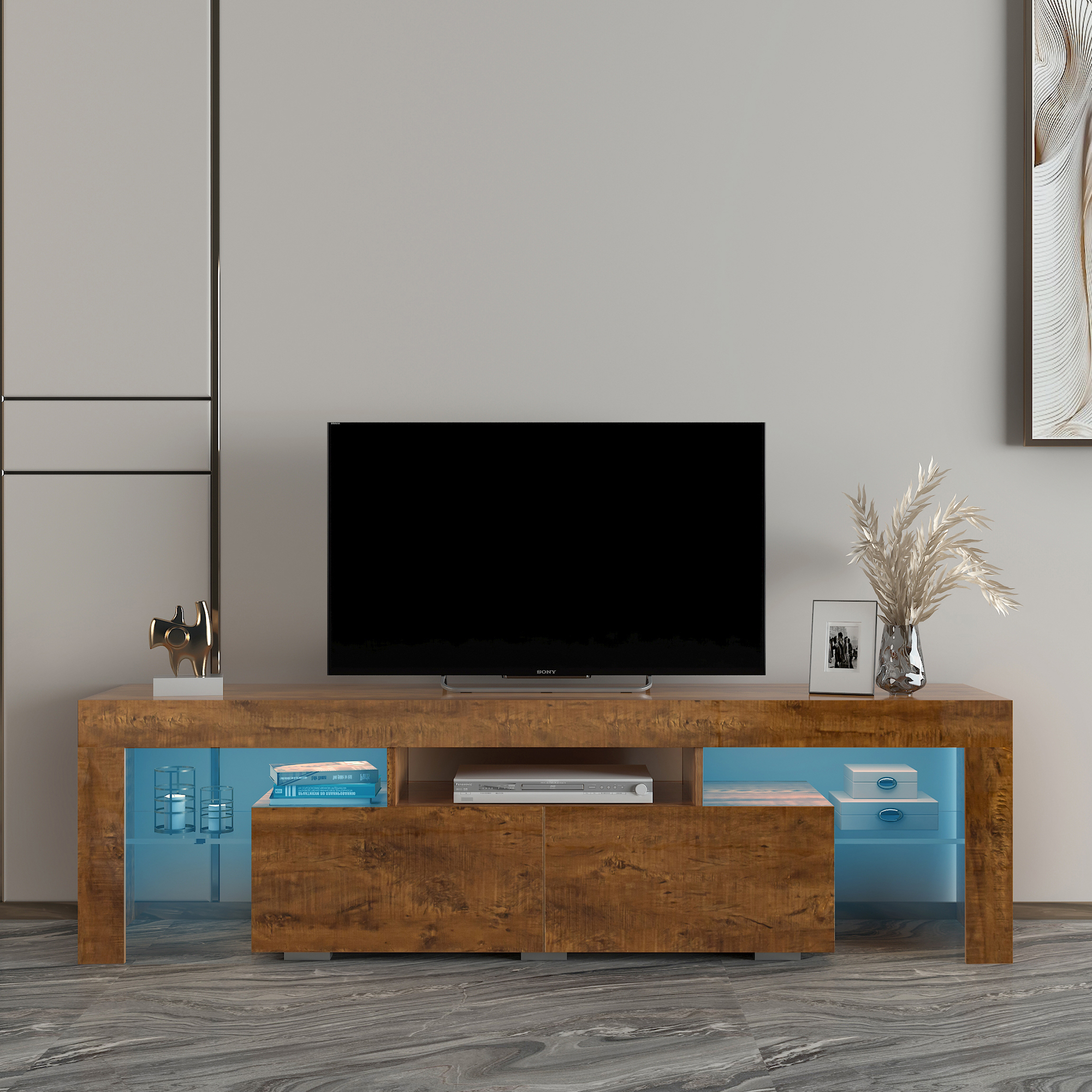 Living Room Furniture TV Stand Cabinet Walnet Solid Wood Legs Support Big Storage Space-image-769032470