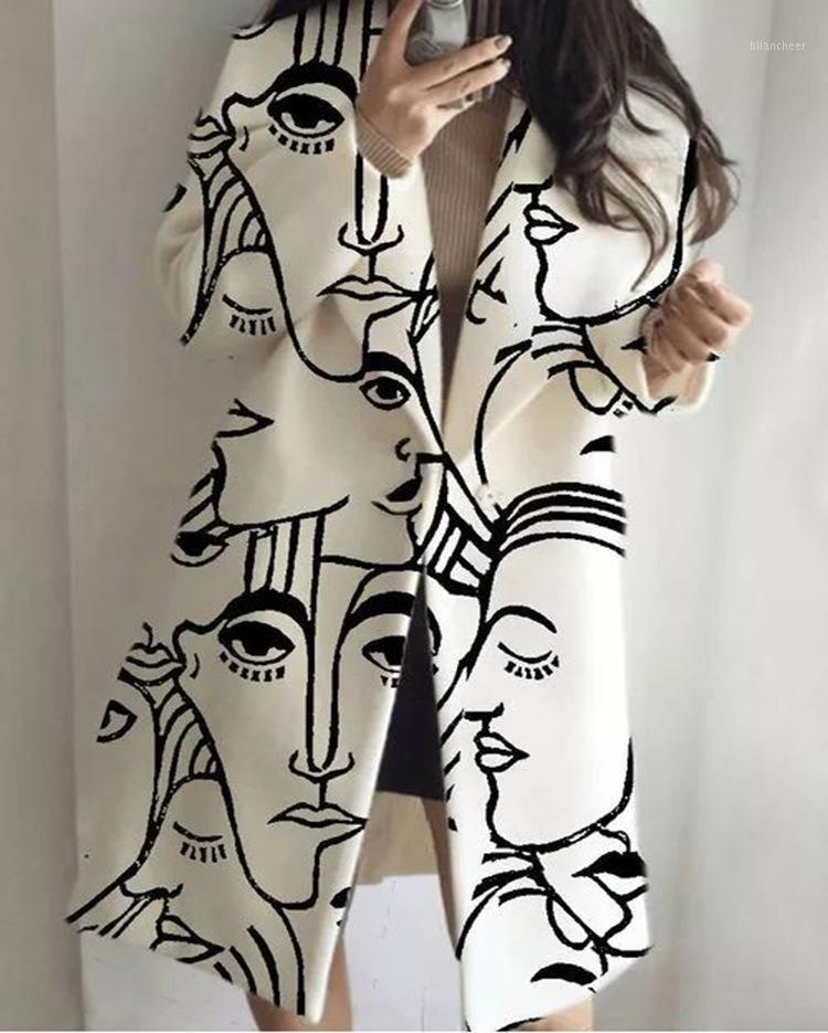 

Women' Wool & Blends Autumn Winter Graffiti Woolen Coat Fashion Long Coats Turn Down Collar Tweed Jacket Keep Warm Women