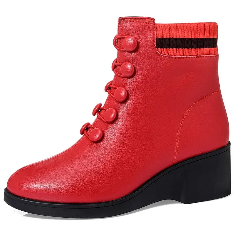 

Boots Buttons Deco Red Wedge For Women Winter Fur Lined Leather Shoes Female Black Ankle Ladies Booties Woman Comfort Boot, Red (no plush)
