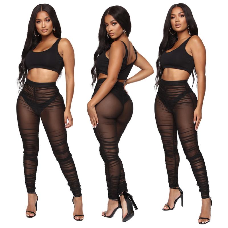 

Women' Pants & Capris Zoctuo Black Pleated Trouser Leggings High Waist Beach Sheer Mesh Sexy See Through Transparent Slim Fit Clothes Panta