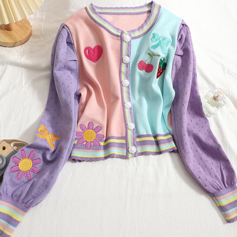 

Women's Knits & Tees Chic Sweet Embroidery Knitted Cardigan O-neck Contrast Color Long Sleeve Jumpers 2022 Autumn Single Breasted Loose Swea, Multicolor
