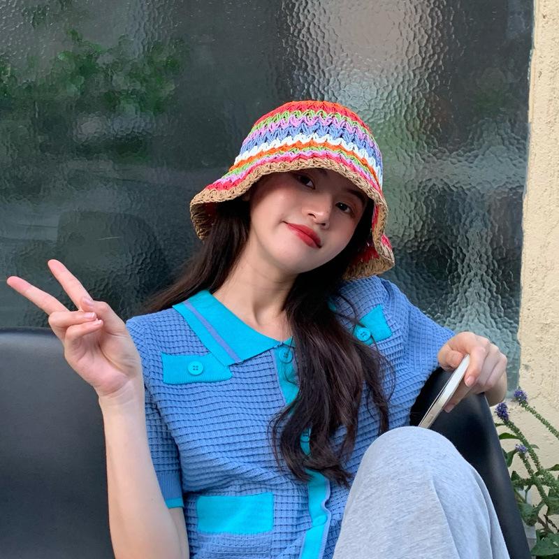 

Berets Summer Colorful Knitted Hollow Fisherman Bucket Hat For Women Retro Hand-made Ladies Outdoor Sun Protection Beach Straw HatBerets, Mixed