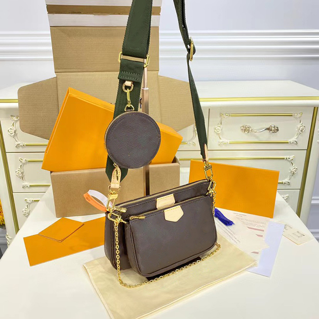 

Designer locked three piece set of women's high-quality shoulder bag leisure broadband plus chain messenger bag belt box, Brown