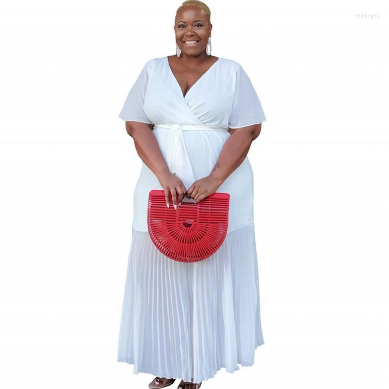 

Plus Size Dresses 5XL Women Long Dress Short Sleeve Lace Up V Neck Robes Fashion Solid Casual Streetwear Pleated Maxi Gowns Echm22, White