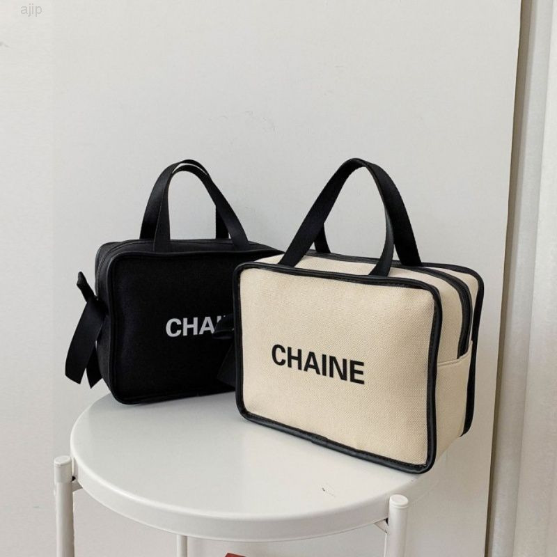 

Cc New ins waterproof small fragrant Canvas Cosmetic Bag portable large capacity skin care products storage Travel Wash, Black square