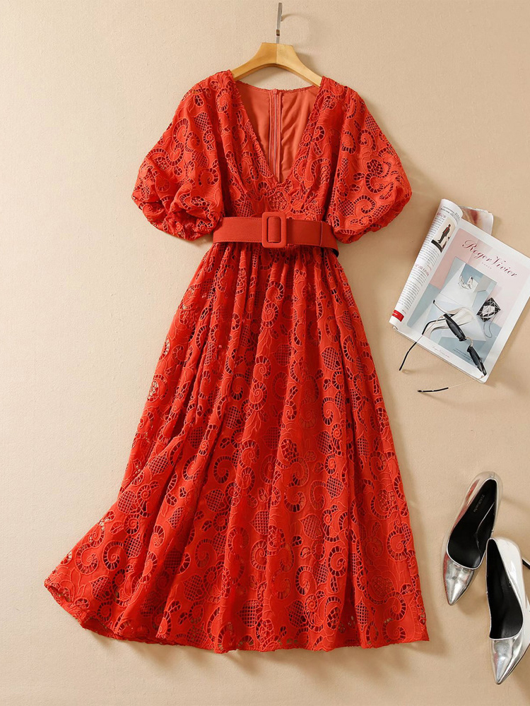 

Runway Lantern Sleeve Women Summer Midi Dress Hollow Out Embroidery Vintage Party Robe Femme Elegant V Neck Holiday Vestidos Evening Gown, As pictures