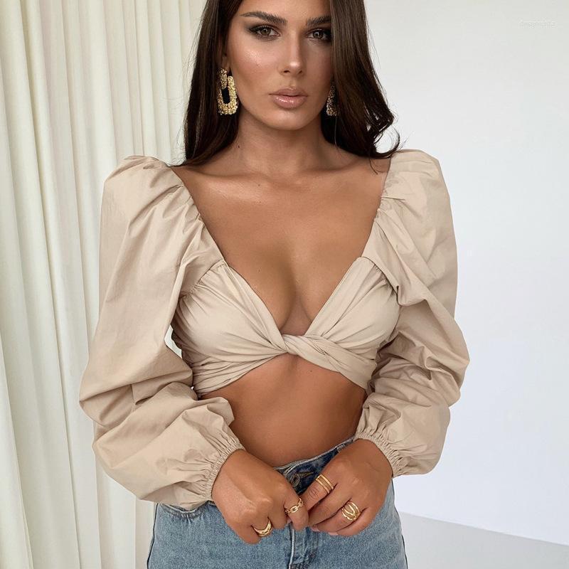 

Women' Blouses & Shirts Echoine Solid Lace Up Sexy Short Crop Top Blouse Shirt Lantern Sleeve Elegant Slim Spring 2022Women' Dway22, Ivory