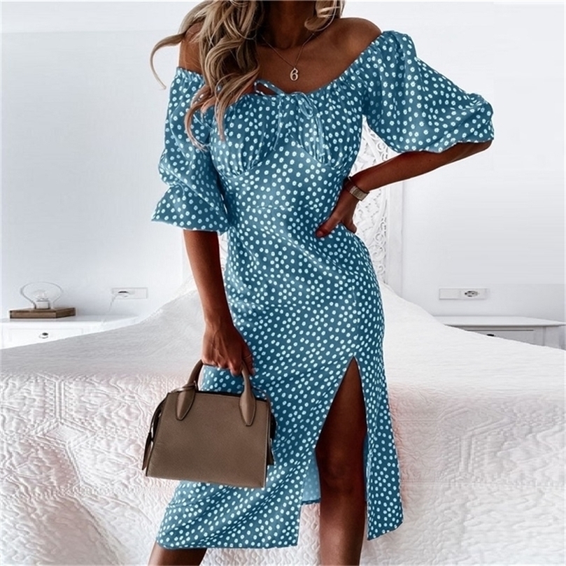 

Chic Elegant Summer Women Dress Cloth Half Short Puff Sleeve Loose Slim Print Midi Sundress Fashion Small Floral 220613, Green
