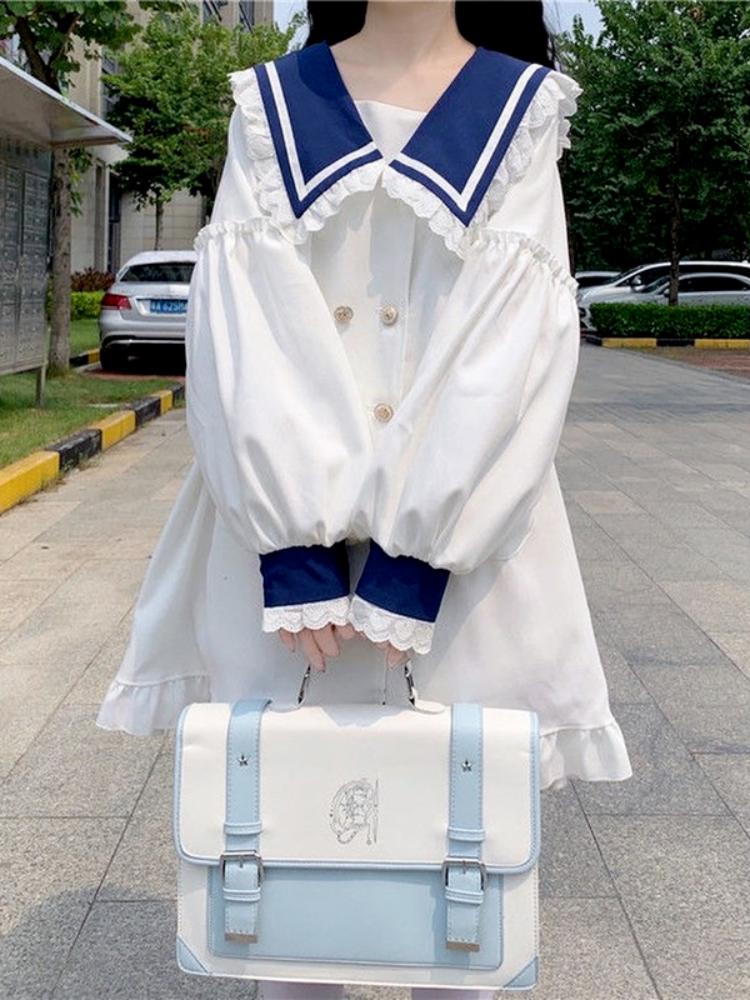 

Casual Dresses White Lolita Dress Kawaii Sailor Collar Ruffles Patchwork Long Sleeve Japanese Style Cute Sweet Girls StreetwearCasual