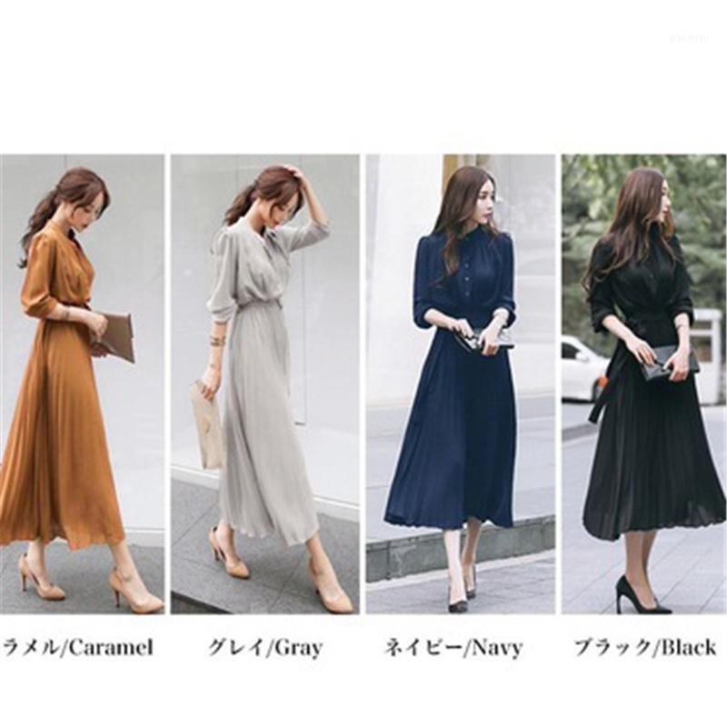 

Casual Dresses Spring Autumn Women Dress High Quality Belted Tunic Chiffon Long Sleeve Maxi Vestidos Female T540, Black