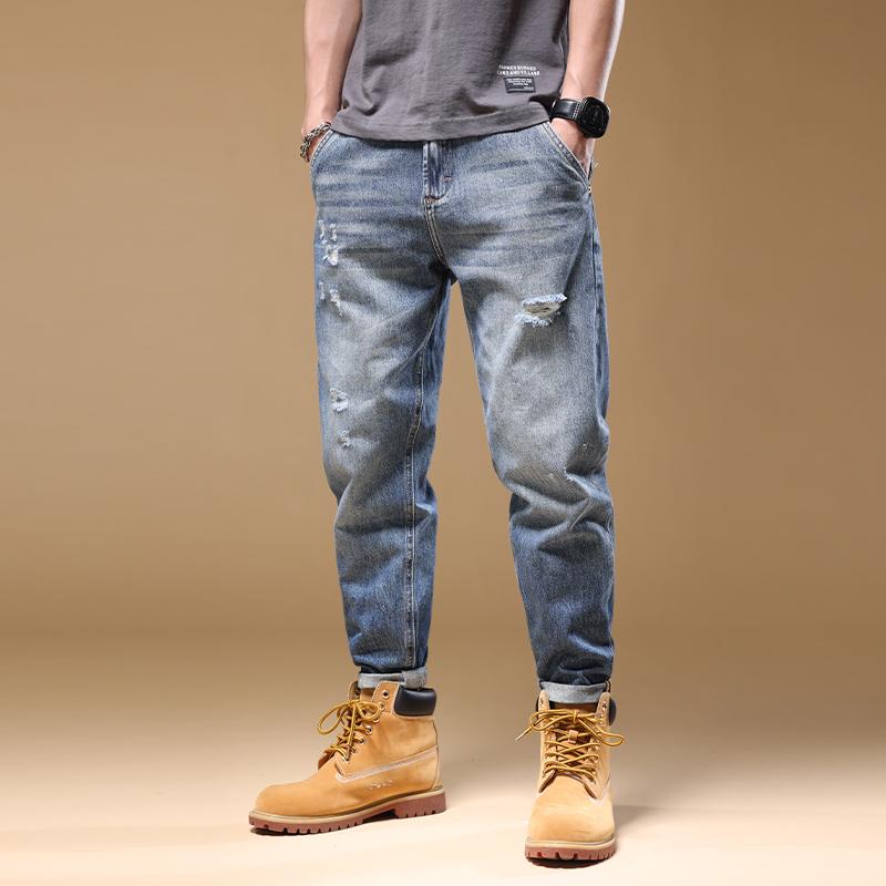 

Men's Jeans Men Skinny Biker Destroyed Frayed Fit Denim Ripped Side Stripe Pencil Pants Hip Hop Streetwear Z48Men's, Blue